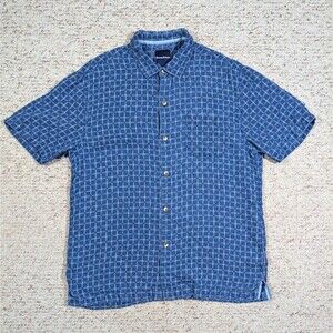Tommy Bahama Button Up Shirt Mens LARGE Island Zone Blue Check Pattern Silk/Poly